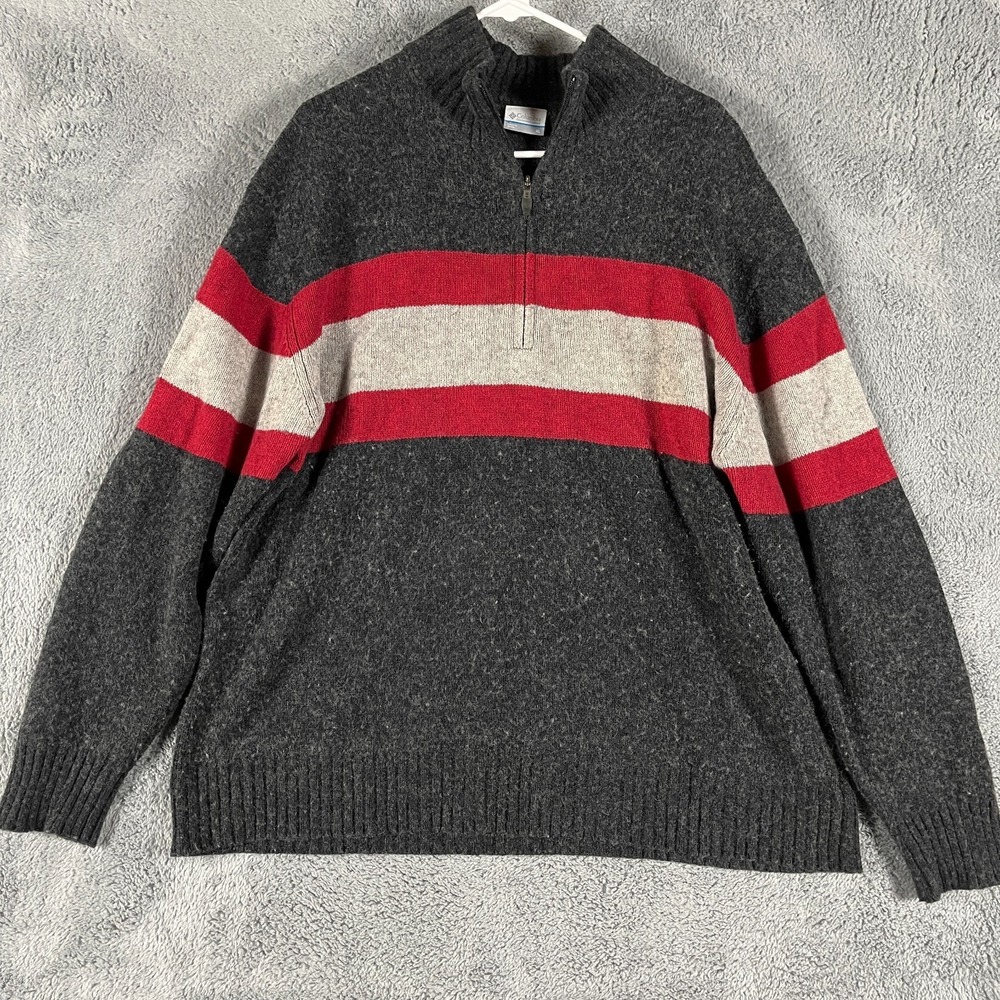 Columbia Sweater Men XL Charcoal Grey Red Striped 1/4 Zip Wool Blend Outdoor